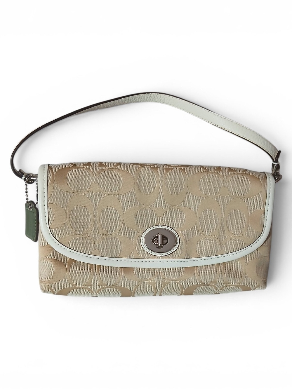 Coach Beige Signature Canvas Turnlock Wristlet / Mini Bag with Cream Trim